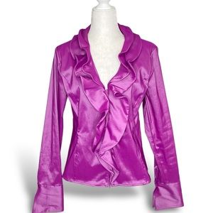 Samuel Dong Purple Two Way Zip Ruffle Iridescent Boho Stretch Rain Blazer Jacket